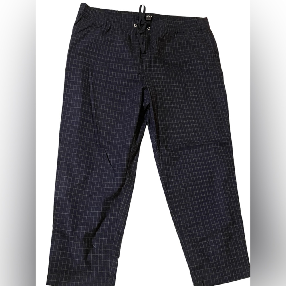LOFT Navy Windowpane Drawstring Paper Bag Pull on Work Pants XL